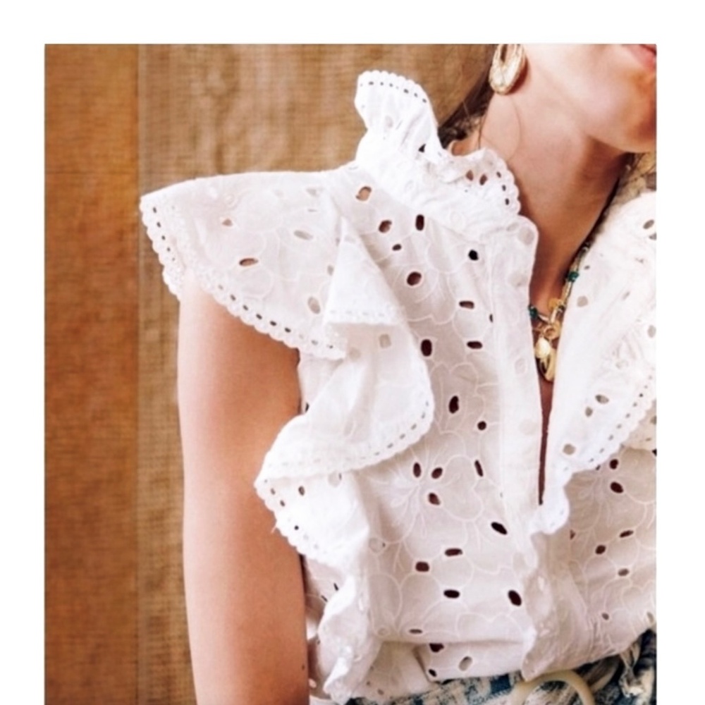 Sezane White Chiara Eyelet Ruffled Cotton Blouse Sz XS / US2 / FR34